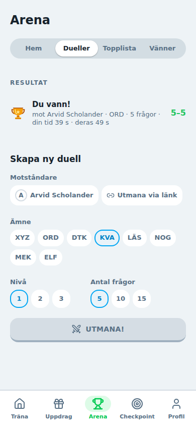 Arena i HPTräning: avgjord duell och formuläret Skapa ny duell