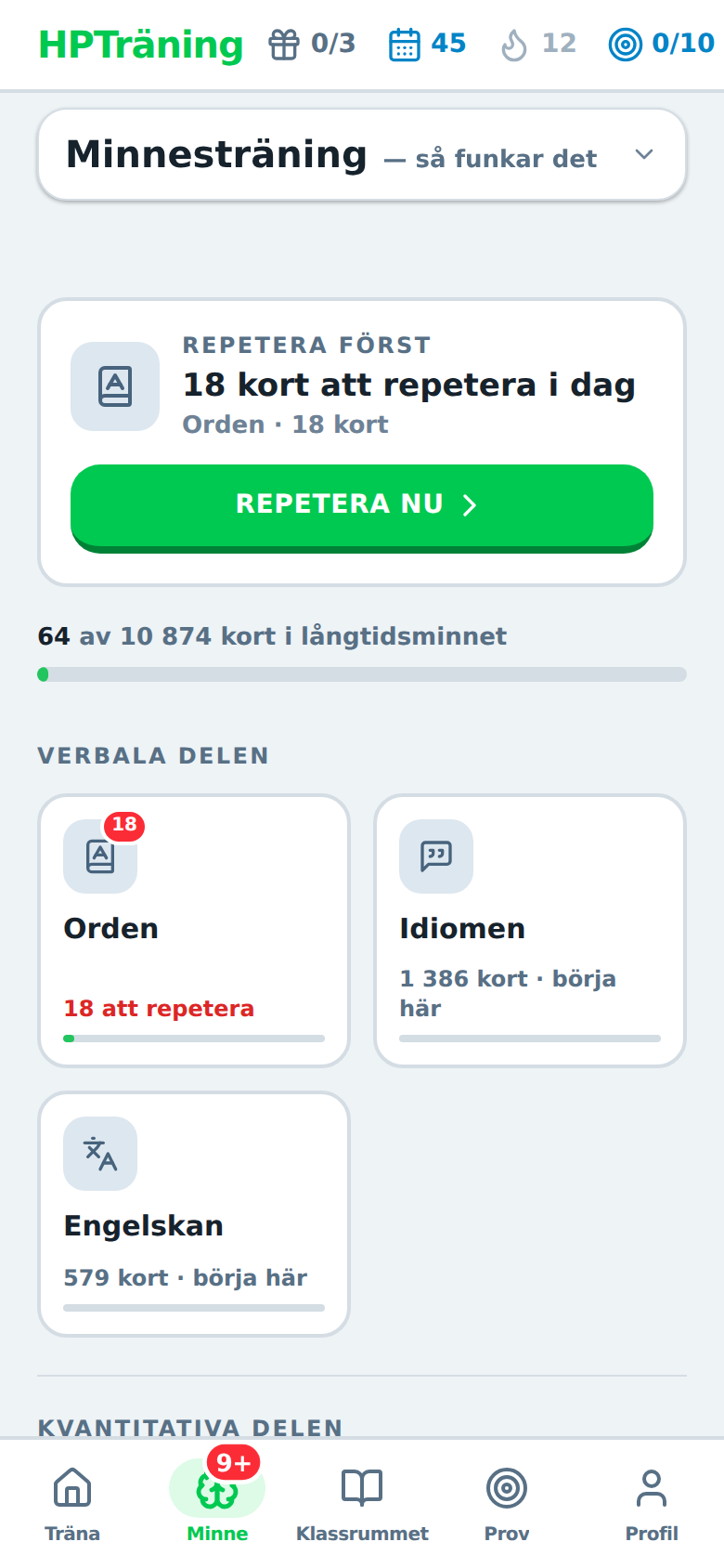 Minnesträningsvyn med dagens repetition och de sju kurserna