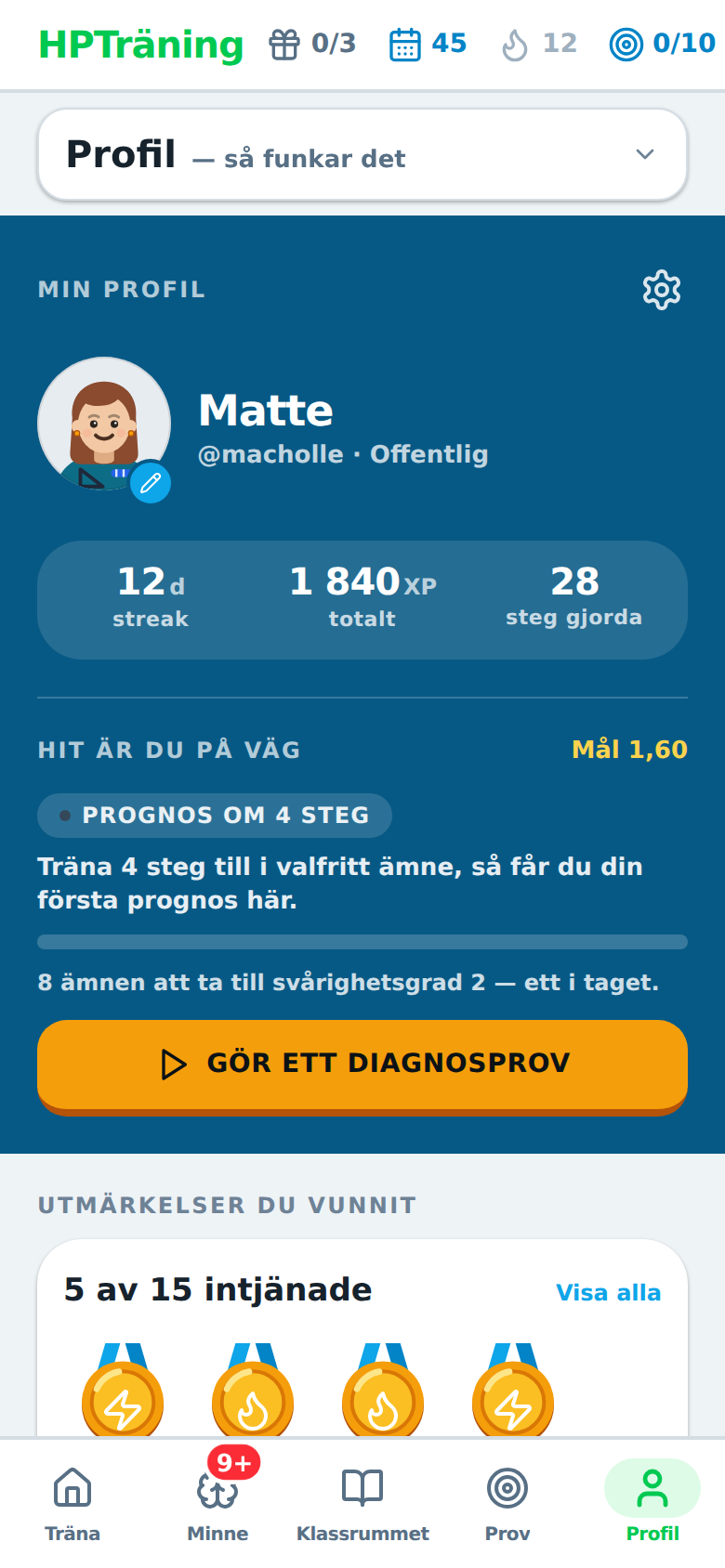 Profilens målresa med målet 1,60 och hur många områden som nått målnivån