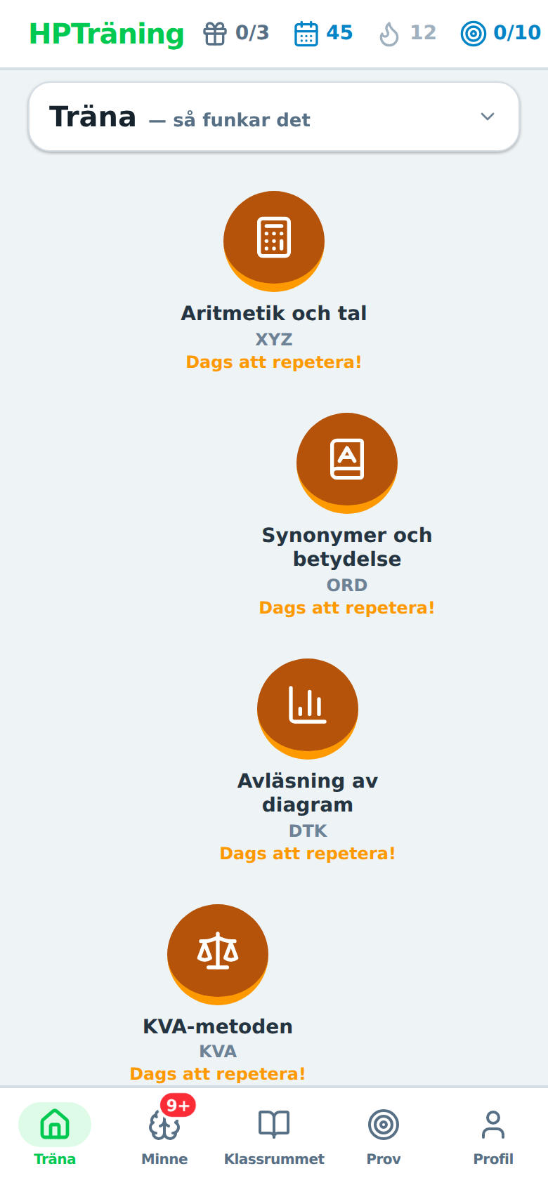 Träna-vyn i HPTräning: dagens väg med steg i olika delprov